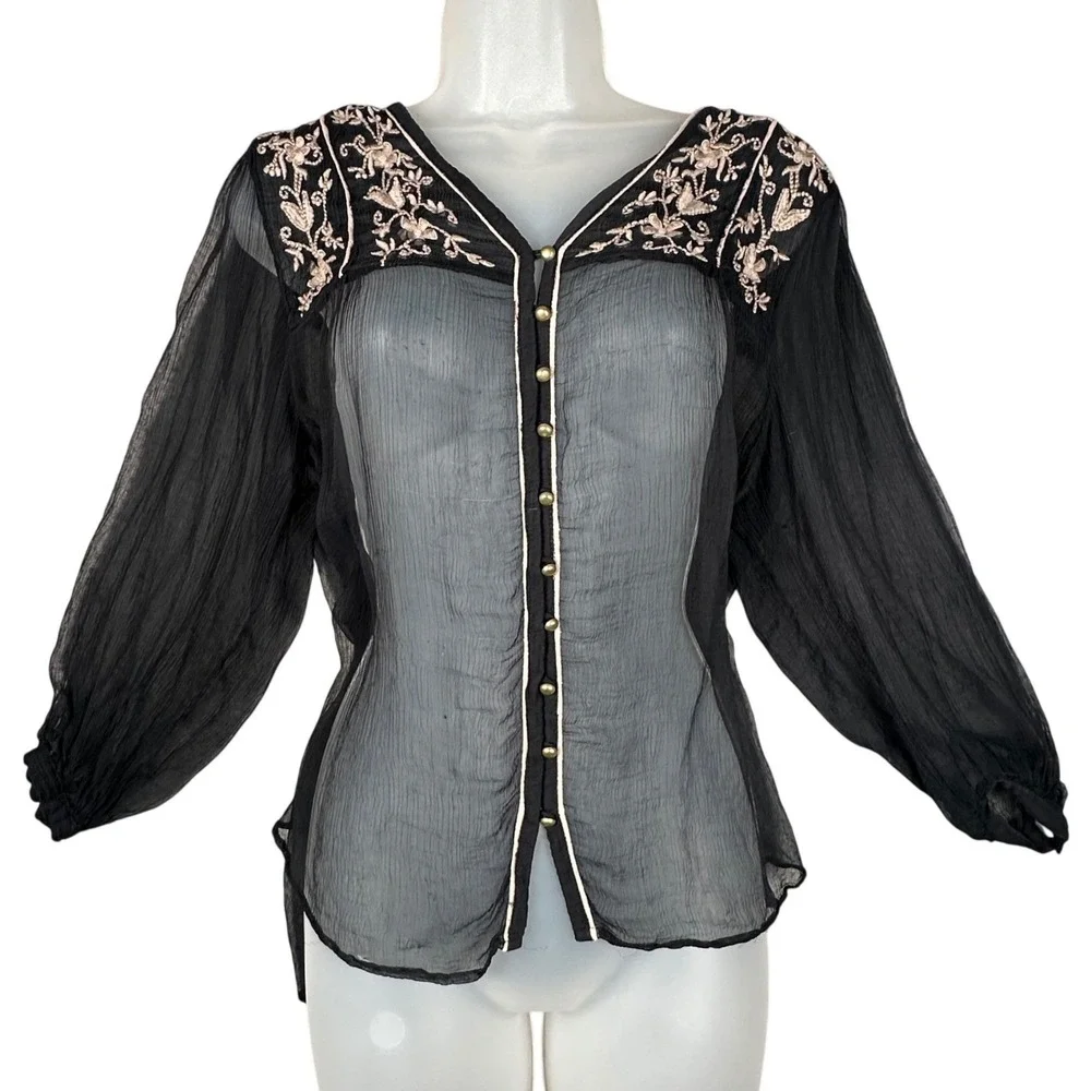 Free People Piped Dreams Blouse Women's S Black Sheer Embroidered Boho Gothic